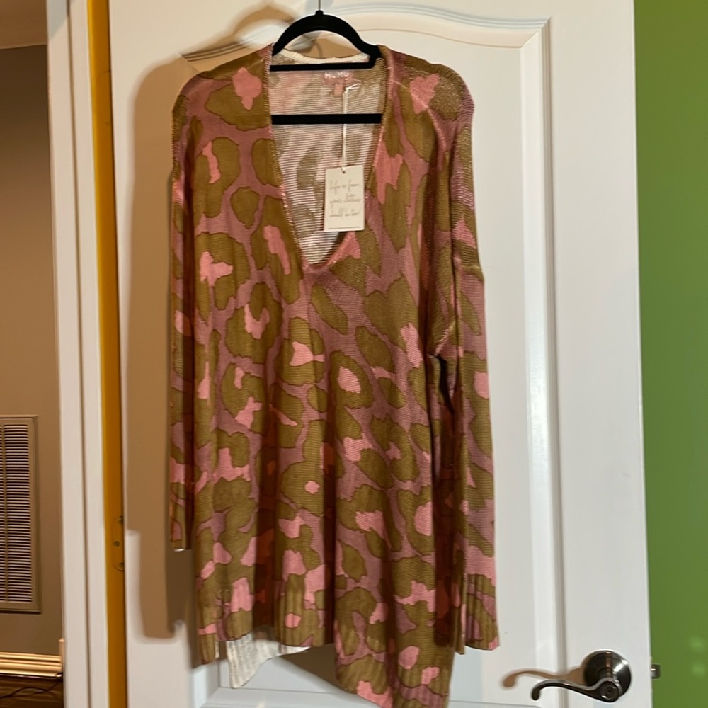 🎀MUMU lightweight woven, pink & bronze V-neck sweater size large pit to pit 28